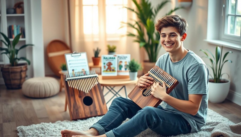 A serene indoor setting featuring a beginner learning to play a kalimba. In the foreground, a young adult, casually dressed, sits comfortably on a soft rug, holding a beautifully crafted wooden kalimba, their expression focused and joyful. In the middle ground, a small table displays kalimba sheet music and a few colorfully illustrated beginner guides. The background showcases a cozy room with warm lighting filtering through a window, casting soft shadows. Potted plants add a touch of greenery, enhancing the inviting atmosphere. The mood is relaxed and encouraging, perfectly capturing the essence of starting a musical journey with the kalimba. A serene indoor setting featuring a beginner learning to play a kalimba. In the foreground, a young adult, casually dressed, sits comfortably on a soft rug, holding a beautifully crafted wooden kalimba, their expression focused and joyful. In the middle ground, a small table displays kalimba sheet music and a few colorfully illustrated beginner guides. The background showcases a cozy room with warm lighting filtering through a window, casting soft shadows. Potted plants add a touch of greenery, enhancing the inviting atmosphere. The mood is relaxed and encouraging, perfectly capturing the essence of starting a musical journey with the kalimba.