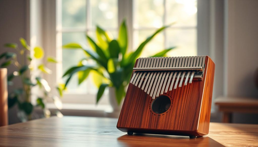 A serene indoor space showcasing a beautifully crafted kalimba placed elegantly on a wooden table. In the foreground, the kalimba's shiny wooden body reflects soft, warm light, highlighting its polished keys. The middle ground features a peaceful, natural backdrop of soft green plants, subtly suggesting a connection to nature, while dappled sunlight filters through a window, casting gentle highlights and shadows. The atmosphere is tranquil and inviting, evoking a sense of calm and acoustic beauty. The image captures the essence of resonance, sound clarity, and sustain, drawing the viewer into the harmonious experience of music. Utilize soft focus for the background and a slight vignette to emphasize the kalimba in the foreground, creating depth and focus on its exquisite details. A serene indoor space showcasing a beautifully crafted kalimba placed elegantly on a wooden table. In the foreground, the kalimba's shiny wooden body reflects soft, warm light, highlighting its polished keys. The middle ground features a peaceful, natural backdrop of soft green plants, subtly suggesting a connection to nature, while dappled sunlight filters through a window, casting gentle highlights and shadows. The atmosphere is tranquil and inviting, evoking a sense of calm and acoustic beauty. The image captures the essence of resonance, sound clarity, and sustain, drawing the viewer into the harmonious experience of music. Utilize soft focus for the background and a slight vignette to emphasize the kalimba in the foreground, creating depth and focus on its exquisite details.