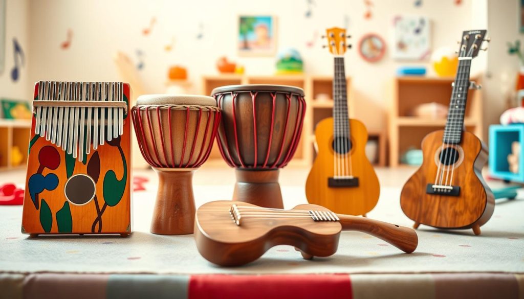 A vibrant and engaging composition showcasing a comparison of musical instruments designed for children. In the foreground, display a colorful kalimba next to a traditional djembe and a bright xylophone, each instrument featuring playful designs and appealing textures. In the middle ground, include a wooden flute and a small string instrument, such as a ukulele, arranged harmoniously. The background should feature a soft focus of a sunny playroom, with scattered musical notes and playful art on the walls. Use warm, cheerful lighting to create a lively atmosphere, suggesting creativity and fun. The angle should be slightly elevated, capturing the full details of each instrument while keeping the focus on their playful essence.