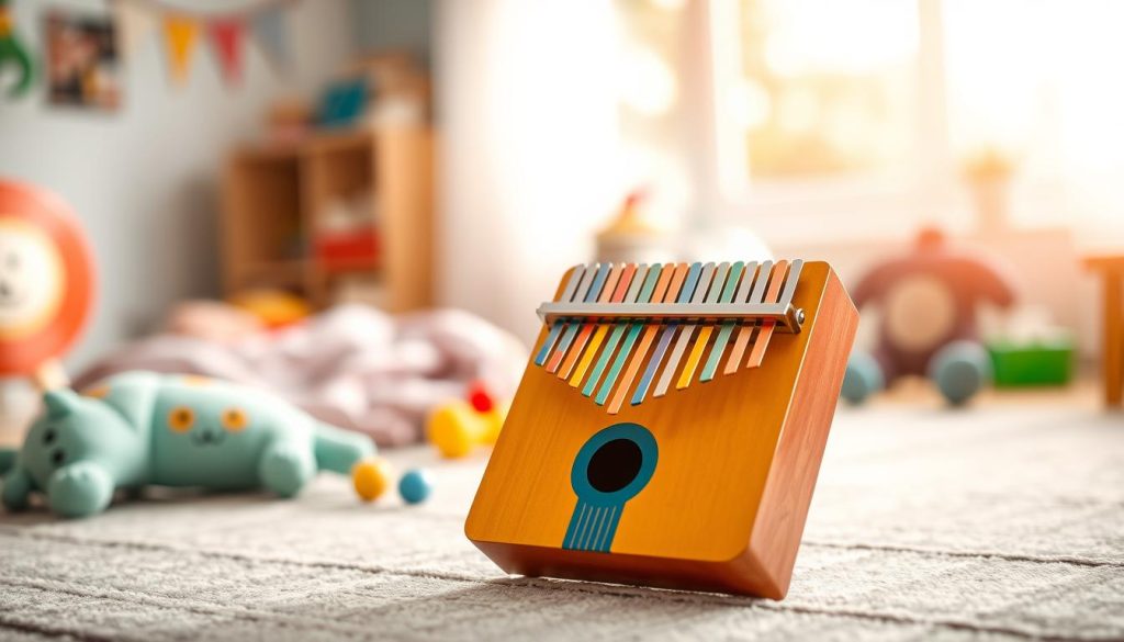 A vibrant kalimba, designed specifically for children, sits prominently in the foreground, its colorful wooden body featuring a playful, whimsical design. The keys should be bright and inviting, capturing the essence of the Kalimba Djeco Janod Moulin Roty. In the middle ground, soft, plush musical-themed toys are scattered around, suggesting joy and creativity. The background includes a softly blurred playroom setting filled with warm, natural light filtering through a window, creating a cheerful atmosphere. Use a shallow depth of field to keep the focus on the kalimba while the surroundings gently dissolve. The overall mood should evoke feelings of warmth, imagination, and playful learning, perfect for illustrating a child's musical journey. A vibrant kalimba, designed specifically for children, sits prominently in the foreground, its colorful wooden body featuring a playful, whimsical design. The keys should be bright and inviting, capturing the essence of the Kalimba Djeco Janod Moulin Roty. In the middle ground, soft, plush musical-themed toys are scattered around, suggesting joy and creativity. The background includes a softly blurred playroom setting filled with warm, natural light filtering through a window, creating a cheerful atmosphere. Use a shallow depth of field to keep the focus on the kalimba while the surroundings gently dissolve. The overall mood should evoke feelings of warmth, imagination, and playful learning, perfect for illustrating a child's musical journey.
